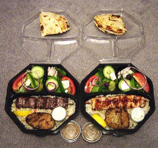 Souvlaki platter prepared for takeaway